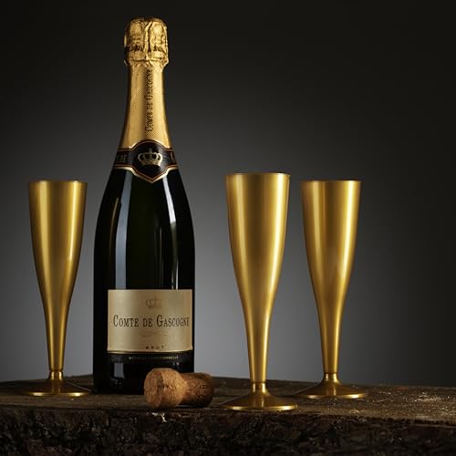 Munfix 30 Pack Gold Plastic Champagne Flutes - 5 Oz Disposable Toasting Glasses - Wedding Party Cocktail Mimosa Plastic Cups