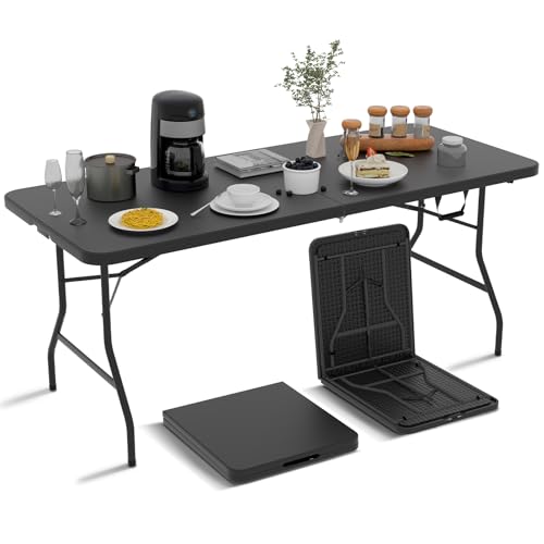 6ft Folding Table - Heavy Duty Portable 6 Foot Plastic Table with Fold-in-Half Design & Carry Handle, Indoor Outdoor Utili...