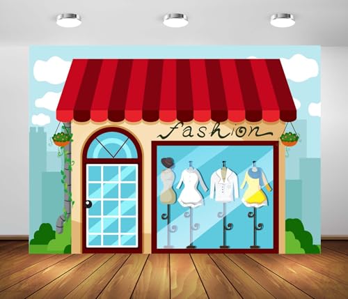 CORFOTO 7x5ft Fabric Lady Fashion Store Window Display Backdrop Cartoon Clothing Store Fashion Boutique Background for Gir...