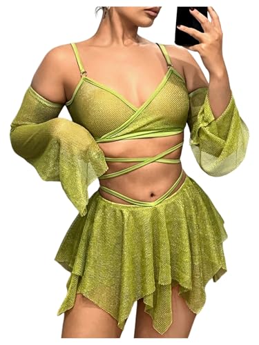 OYOANGLE Women's 2 Piece Mesh Sheer Criss Cross Crop Top and Asymmetrical Mini Skirt Party Rave Outfits