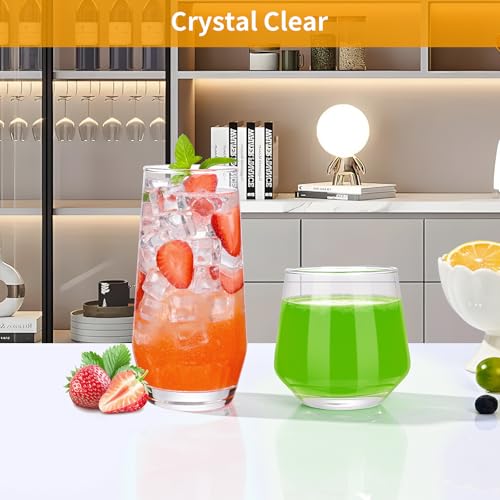 ZMOWIPDL Drinking Glasses Set of 8,Clear 13 oz & 18oz Crystal Glass Cups,Drinkware Glassware,Highball Water Tumbler,Short ...