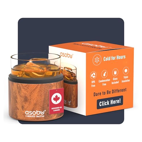 asobu Whiskey Sleeve Glass – Insulated Bourbon Tumbler with Premium Rocks Glass, BPA-Free, Double-Wall Stainless Steel, Ke...