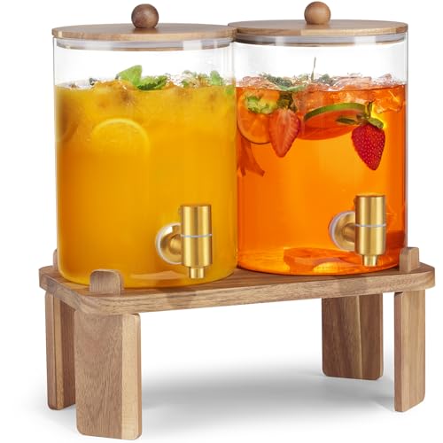 2 PCS 1 Gallon Drink dispenser, Glass Beverage Dispenser With Wood Stand, Large Water Drink Dispensers for Parties With St...