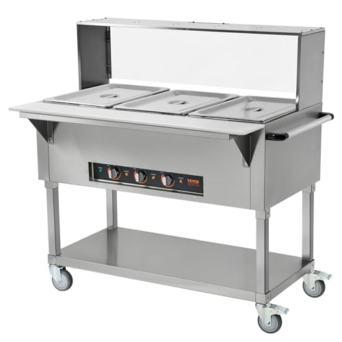 VEVOR 3-Pan Commercial Food Warmer, 3 x 20.6QT Electric Steam Table, 1500W Professional Buffet Catering Food Warmer with Acrylic Sneeze Guard, Food Grade Stainless Steel Server for Party Restaurant