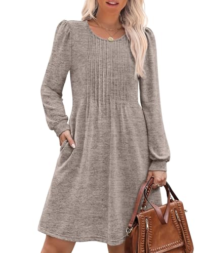 OFEEFAN Long Sleeve Dress for Women Pleated Crew Neck Casual Babydoll Sweater Dress with Pockets Fall Outfits Fashion