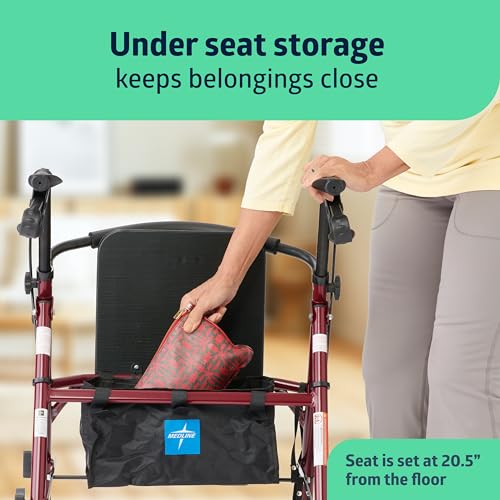 Medline Aluminum Rollator Walker with Seat, Burgundy, 250 lb. Weight Capacity, Lightweight, 6” Wheels, Foldable, Adjustabl...