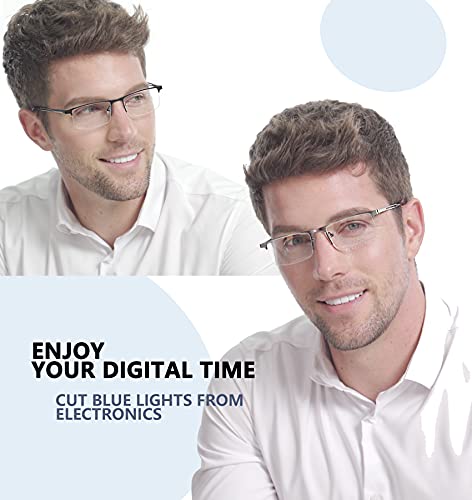 JJWELL 3 Pack Blue Light Reading Glasses for Men, Lightweight Metal Rectangle Semi Rimless Readers for Men, Anti Eyestrai...