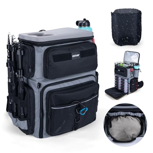 Goture Fishing Backpack with Cooler, 66L 600D Tackle Backpack with 3 Rod Holders, EVA Cover, Helmet Holder, Rain Cover, Sa...
