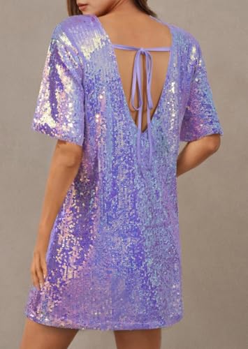 ENOPINK Women's Crew Neck Sequin Dress for Women Sexy V Neck Shirt Dresses Sparkly Shift Mini Dress