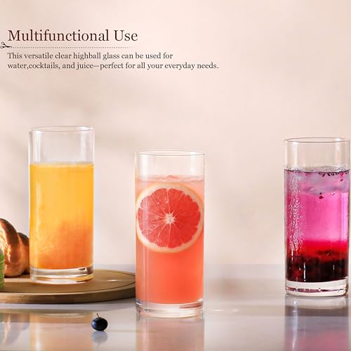 Wlasss Drinking Glasses Set of 8, 16oz Glass Cups, Kitchen Highball Glasses for Beer, Juice and Cocktail, Collins Water Gl...