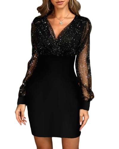 CHICME Women's Glitter Party Dress V-Neck Mesh Sheer Lantern Sleeve Mini Dresses Zipper Back Slim Fit Evening Dress