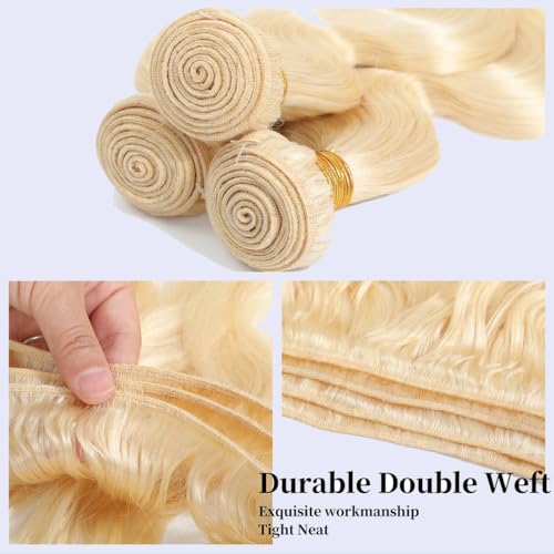 613 Bundles Human Hair 14 16 18Inch Blonde Body Wave Bundles 100% Unprocessed 16A Brazilian Virgin Hair 3 Bundles Human Hair Body Wave Hair Extensions for Women can be Dyed Bleached