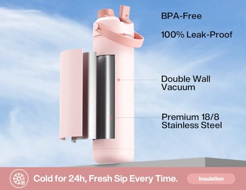 POWCAN 26 oz Insulated Water Bottle with 2-in-1 Straw and Spout Lid, Keep Cold 24H, Leak-Proof, Fits in Car Cup Holder, St...