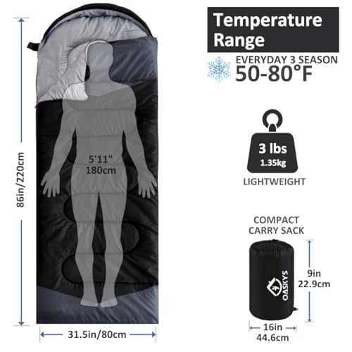 oaskys Camping Sleeping Bag - 3 Season Warm & Cool Weather - Summer Spring Fall Lightweight Waterproof for Adults Kids - C...