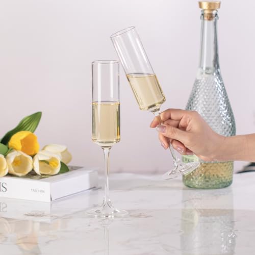 KAMMAK Champagne Flutes 5.7oz Champagne Glasses Set of 2, Elegant Wine Glass with Long Stem, Clear Champagne Glasses Gift ...
