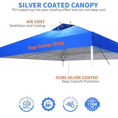 Jorohiker 10x10 Canopy Replacement Top Cover,Pop Up Canopy Tent Top with Air Vent Ropes, Waterproof Sunshade Silver Coated...