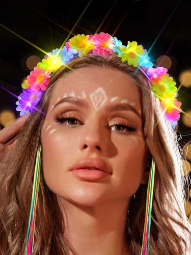 JONKY Light Up Daisy Headband Rainbow Hippie Flower LED Headbands Tassel Floral Headpiece Rave Hair Accessories for Women