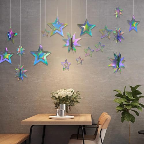 Cheerland Iridescent Star Garland Decorations Holographic Hanging Star Party Decoration Galaxy Birthday Decor Ramadan Eid ...