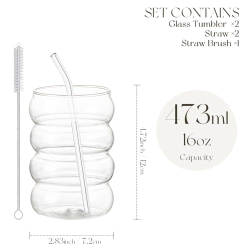 KEMORELA 2PCS Wave Bubble Beverage Glasses With Straws, 16 Oz Vintage Glass Cups, Aesthetic Iced Coffee Glasses, Ripple Gl...