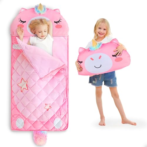 iPlay, iLearn Kid Sleeping Bag, Unicorn Slumber Sack, Toddler Girl Nap Mat, 2 in 1 Pink Animal Cushion Blanket, Happy Trav...