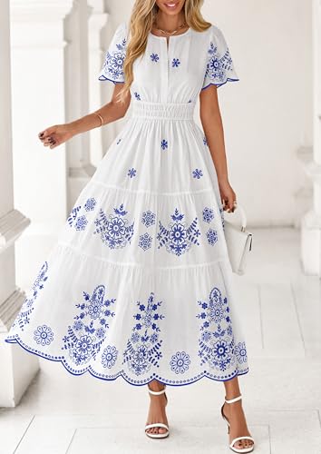 PRETTYGARDEN Boho Dresses for Women 2026 Summer Spring Casual Floral Short Sleeve V Neck Maxi Elastic Waist Dress Pockets