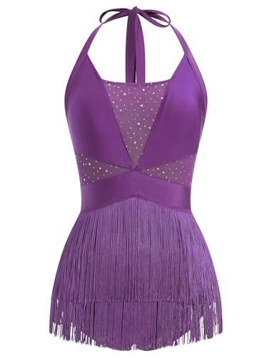 Women Halter Fringe Bodysuit Open Back Glitter Mesh Salsa Jazz Latin Dance Dress Sexy Concert Sparkly Tassel Outfits