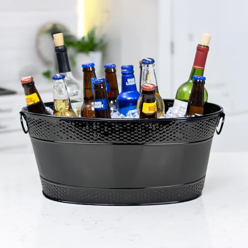 BREKX Colt Black Galvanized Beverage Tub with Handles, 16-Bottle Metal Bucket Ice Cooler to Chill Drinks, Oval Metal Baske...