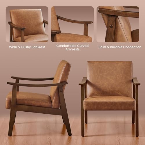 Yaheetech PU Leather Accent Chair, Mid-Century Modern Armchair with Solid Wood Legs, Reading Leisure Chair with High Back ...