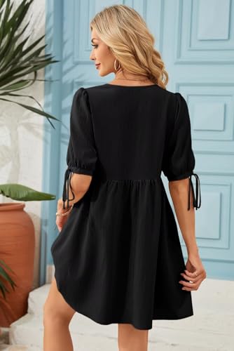 Dokotoo Summer Dresses for Women 2026 Casual V Neck Bow Tie Short Sleeve Empire Waist A-Line Mini Dress