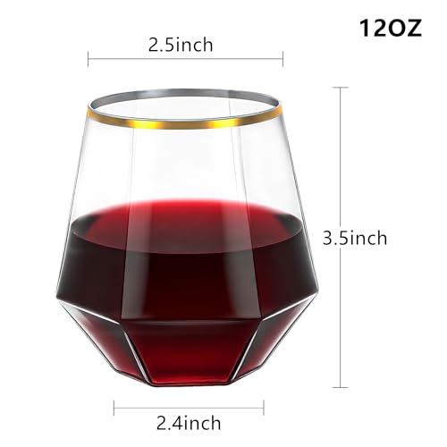 Lullaby 40pcs Plastic Wine Glasses with Gold Rim, 12oz Clear Disposable Wine Cups for Champagne Whiskey Cocktail, Perfect ...