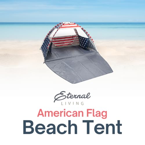 American Flag Portable Beach Tent Anti UV for 3-4 Person – Premium Beach Tent Sun Shelter with 3 Large Mesh Windows – Shad...