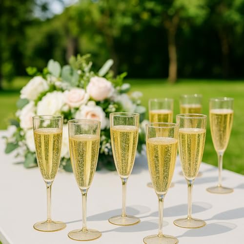 Oojami 6 Oz Gold Glitter Plastic Champagne Glasses 24 Pack Hard Disposable Plastic Champagne Flute Ideal for Home Daily Li...