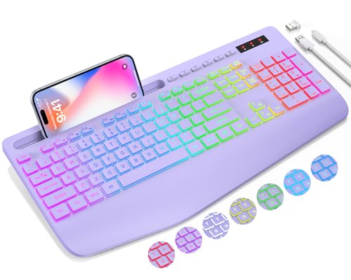 Wireless Keyboard with 9 Effects Backlits, Wrist Rest, Phone Holder, Rechargeable Ergonomic Computer Keyboard with Silent ...