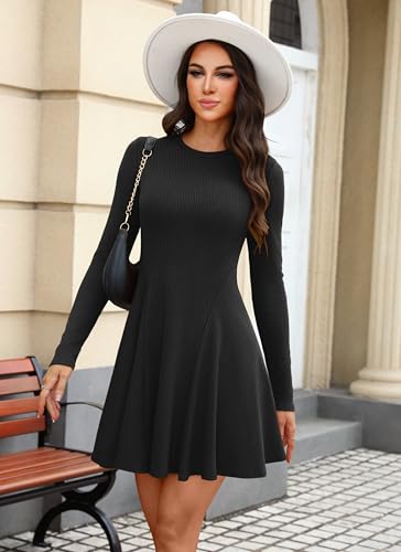 OFEEFAN Sweater Dress for Women Fall 2025 Long Sleeve Crew Neck Ribbed Knit Fit and Flare A-Line Dresses