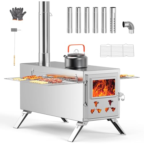 Upgraded Wood Stove, Hot Tent Stove Camping Portable Stainless Steel Wood Burning Stove with 7 Chimney Pipes for Wall Tent...