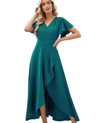 Formal Dresses for Women Gowns Evening Party Cocktail Dress,Split Elegant V Neck Wrap Ruffle Wedding Guest Dresses