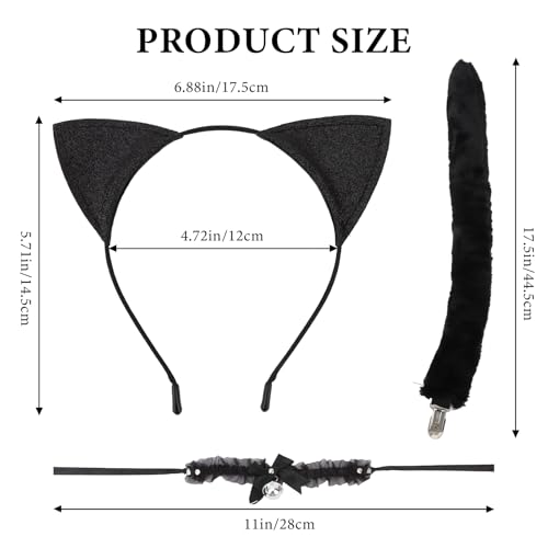 GAFATORY Black Cat Costume with Tail And Bell Collar Set Cat Ears for Women Cat Ears Costume for Halloween Cosplay Party