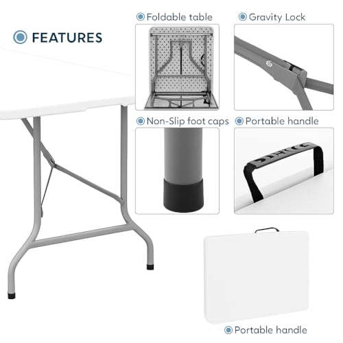 +gardenlife Folding Table 6ft | Heavy Duty Plastic Event Table with Carrying Handle | No Assembly Required | Portable with...
