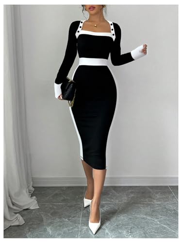 SOLY HUX Women's Long Sleeve Square Neck Bodycon Elegant Midi Dress Pencil Cocktail Party Dresses