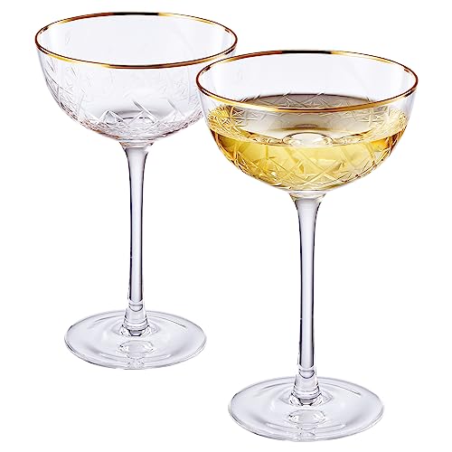 Vintage Art Deco Luxury Coupe Glasses, Cocktails, Martini, Margarita, In Premium Gift Box 24K Gold Rim | Set of 2 | 8 oz C...