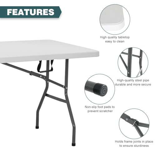 FDW 6 Foot Outdoor Dining Table, Foldable Portable Rectangular Plastic Folding Table with Built in Carrying Handle for Par...