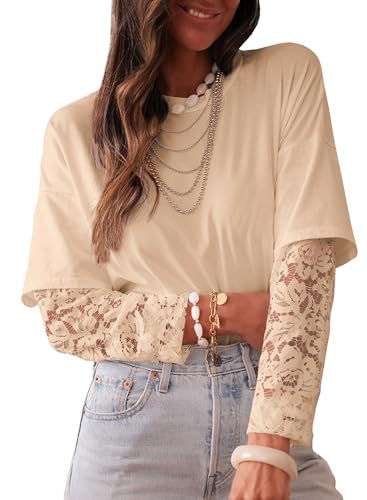 LOLONG T Shirts for Women Fall 2025 Long Sleeve Lace Patchwork Crew Neck Tops Casual Tees