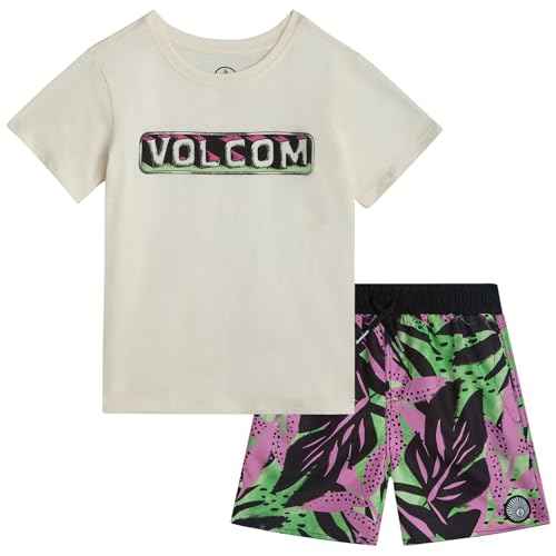 Volcom Baby Boys Swim Set - 2 Piece Short Sleeve Swim Shirt Graphic Tees & Board Shorts - Infant Toddler Little Boys Swimsuit