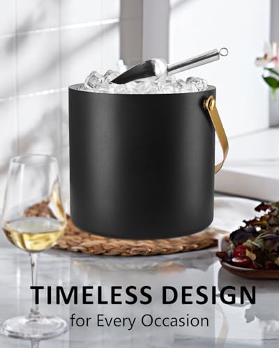 Bakpoco 3L Ice Bucket with Silicone Lid, Scoop, Gold Tongs & Strainer, Stainless Steel Double Wall Insulated Ice Buckets f...