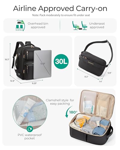 BAGSMART Womens Backpack Carry On Flight Approved, Travel Backpack for Women with Waist Bag, Traveling Lightweight Weekend...