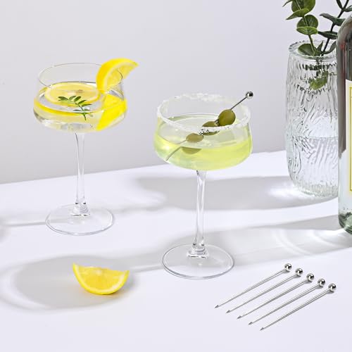 Amyoole Martini Glasses Set of 6, 8 oz Premium Crystal Coupe Glasses, Hand Blown Champagne Drinkware with 6 Cocktail Pick...