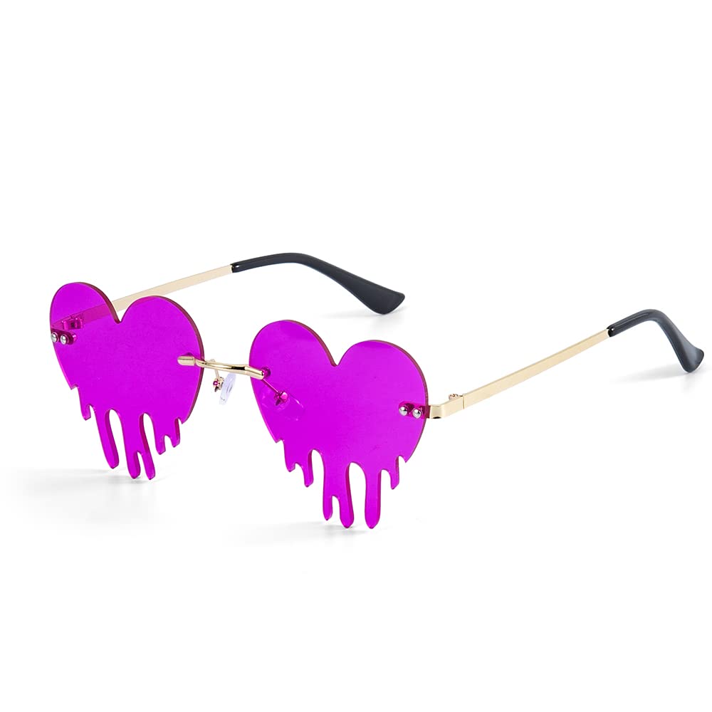Melting Heart Sunglasses for Men/Women Rimless Irregular Party Unique Sun Glasses Metal Prom Halloween Colorful Eye Glasses (Deep purple)