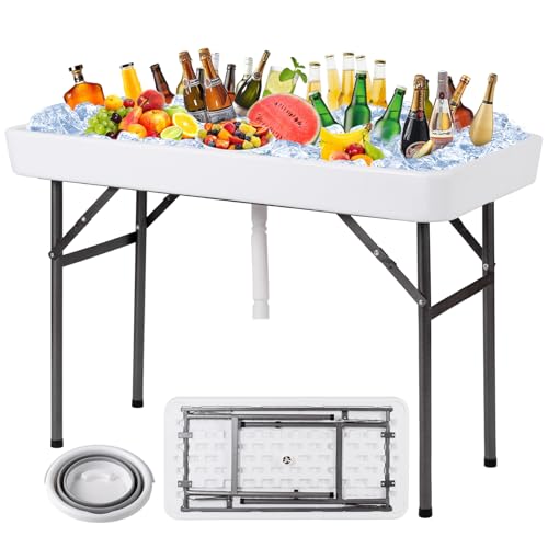 KOTEK Folding Ice Cooler Table with Matching Skirt, Drain Hose & Bucket, Foldable Buffet Beverage Cooler Server, Portable ...