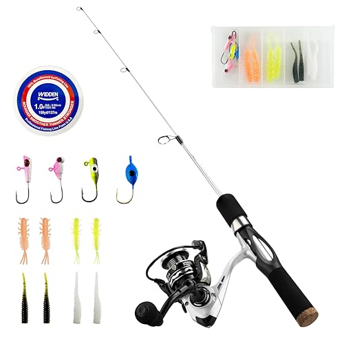 WIDDEN Ice Fishing Rod and Reel Combo, 27" Medium Light Spinning Ice Fishing Pole, Gear with Tackle Box Kit, Line, Lures f...