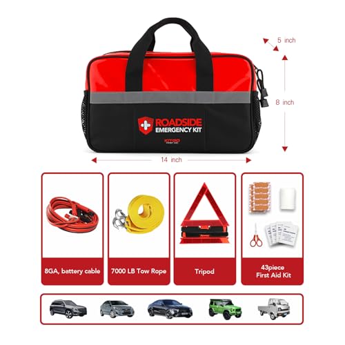 Kitgo Car Emergency Kit,Premium Roadside Assistance Essentials with Jumper Cables, Flashlight, Shovel, Screwdriver Set - I...